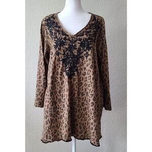 Karyn Seo Embroidered Floral Relaxed Shirt‎ Sz Large Animal Print Tunic Cotton